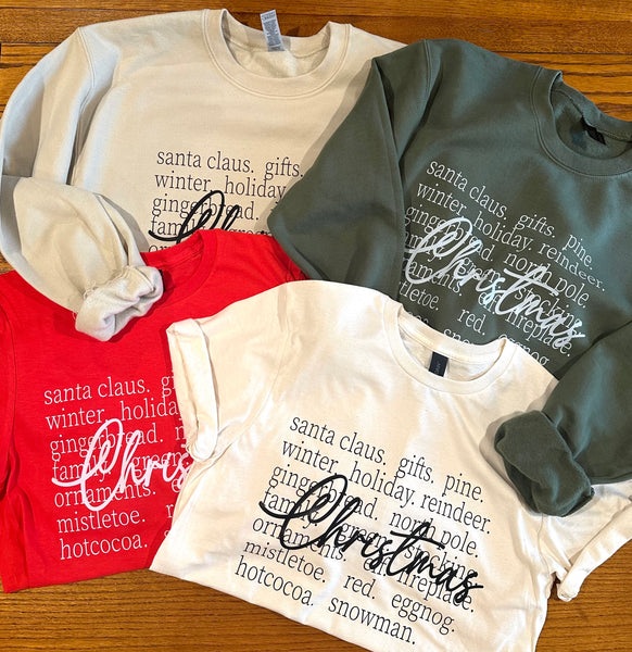 "Christmas Words" Sweatshirt, Green or Sand