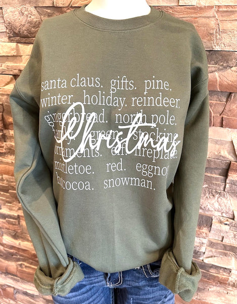 "Christmas Words" Sweatshirt, Green or Sand